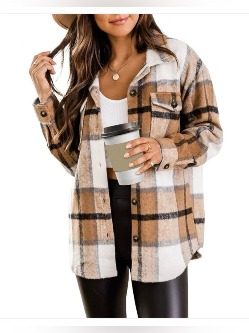 NEW Rosvigor Women's Plaid Button-Up Shacket Jacket in Brown & White Size Large
